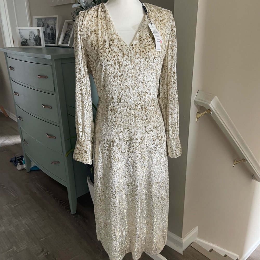 Tahari evening midi dress gold white velvet